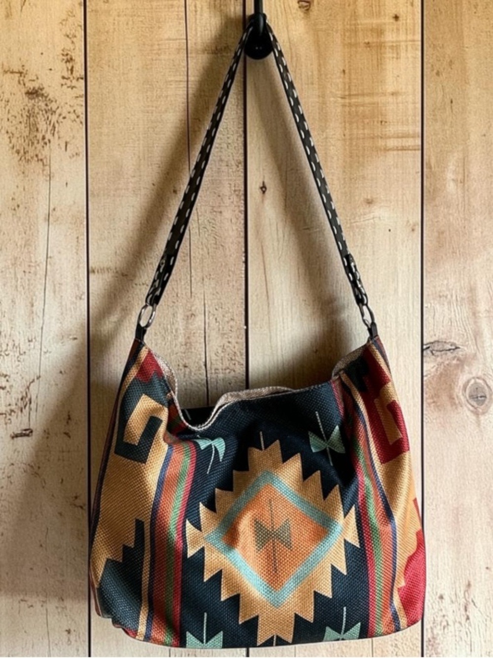 Southwestern Aztec Woven Shoulder Bag Tribal Print Boho Tote with Leather Strap